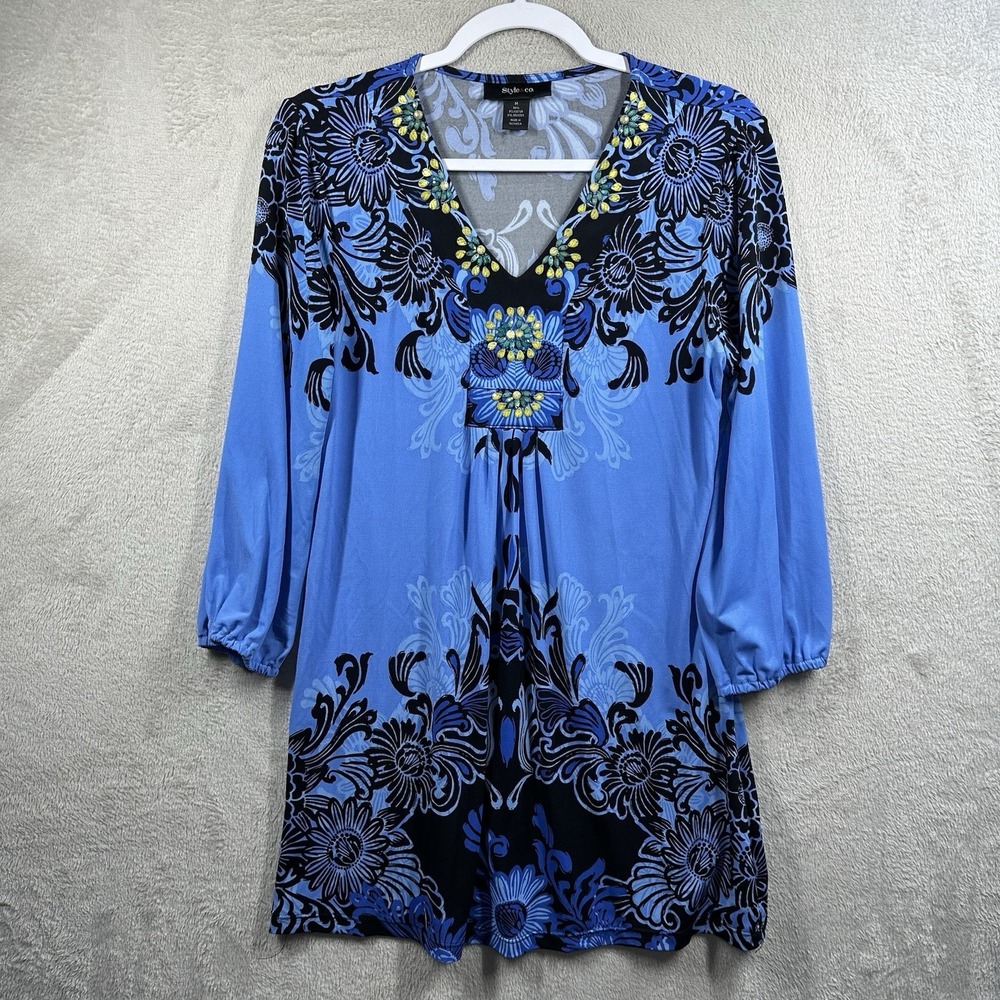 Style & Co Paisley Tunic Sz M Beaded V-neck Blue Stretch‎ Wrinkle Resistant
